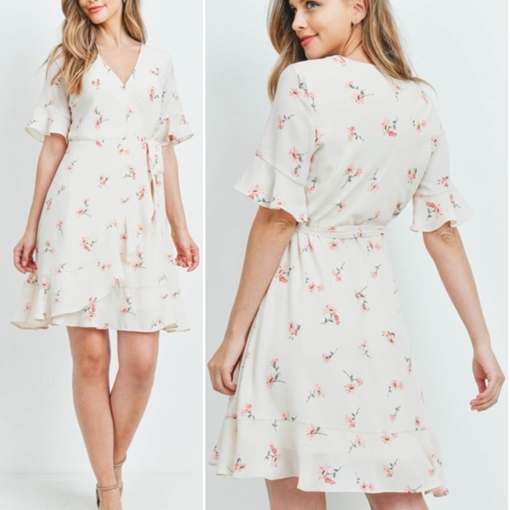 Peach Floral print wrap dress